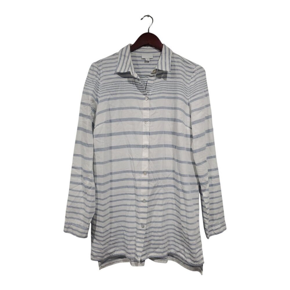 J. Jill Women's Button Front Top White Gray Striped Tunic Long-sleeved Sz S Tall